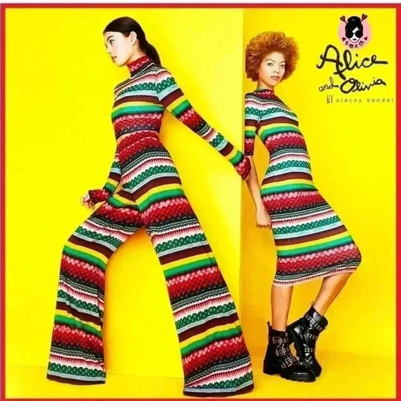 Alice + Olivia Delora Geo Fitted Bodycon Midi Dress 2 XS S Mock Neck Stripe 3/4 - Picture 2 of 11